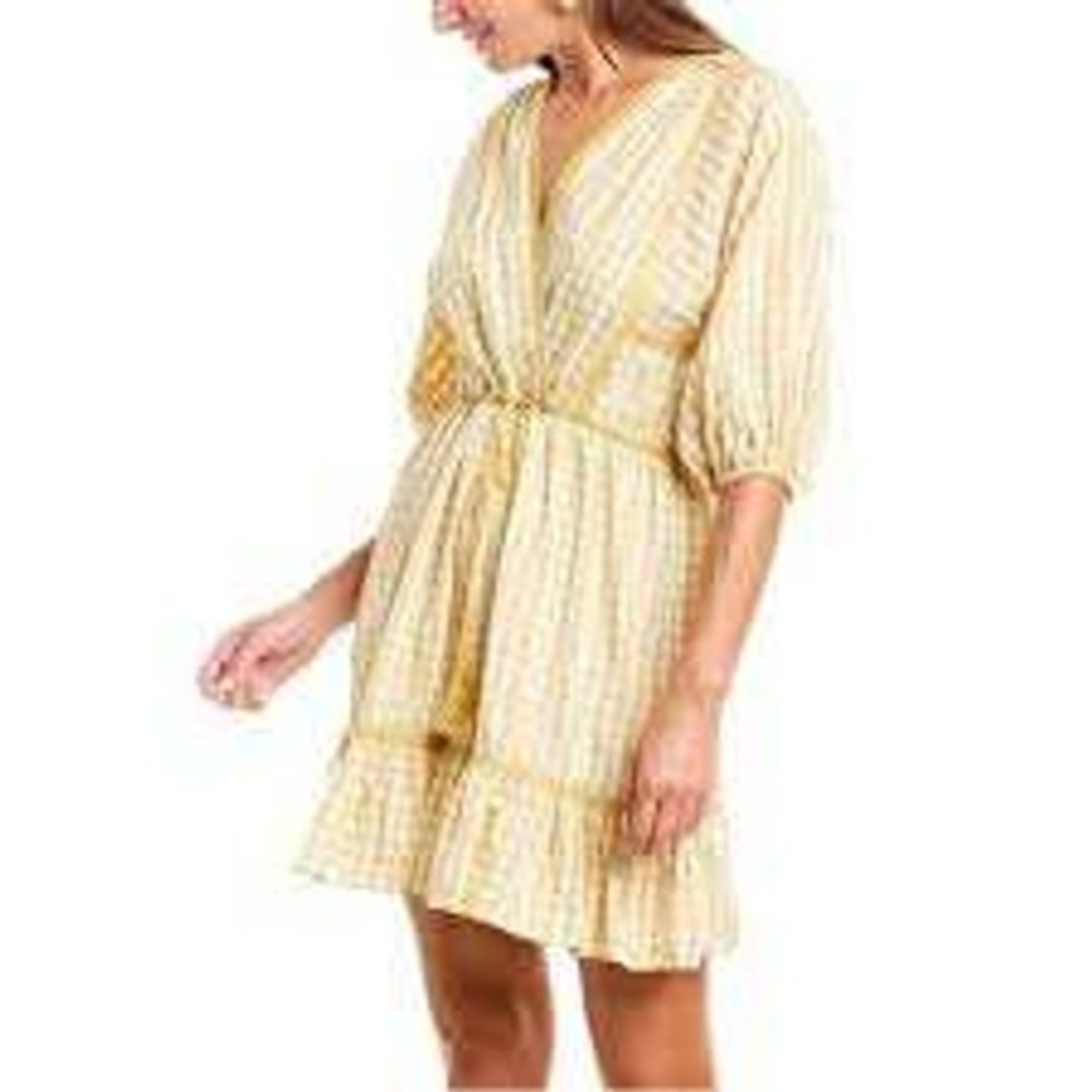 Max Studio Puff Sleeve Gingham‎ Peasant Dress Yellow White Eyelet XL 2020
